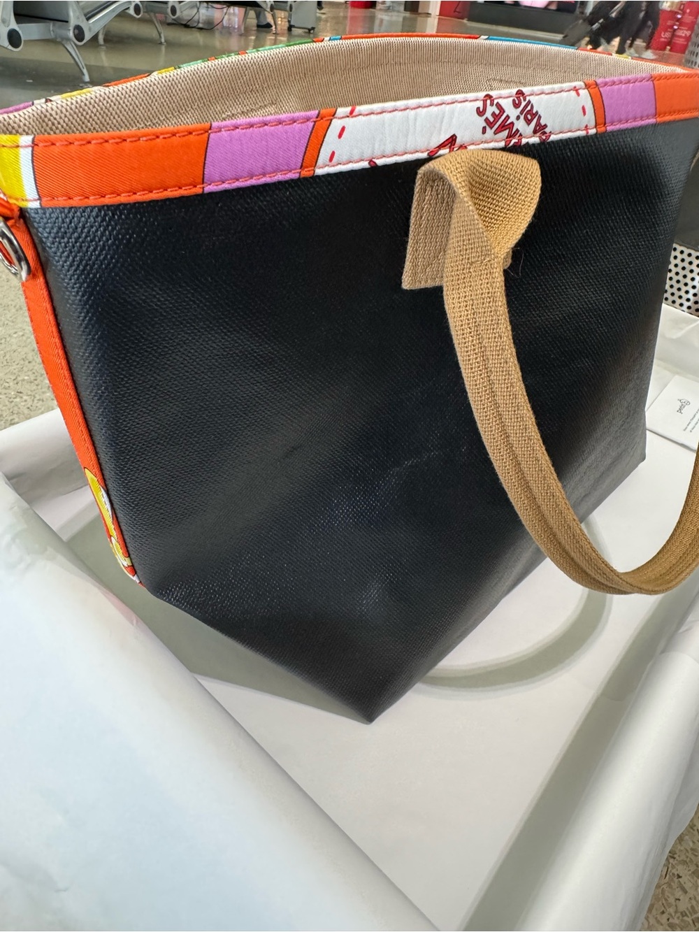 ‘26 Hermes Petit h Wax-Canvas Tote w/ Silk Print Ribbing & Contrast Top Handles - Picture 3 of 16
